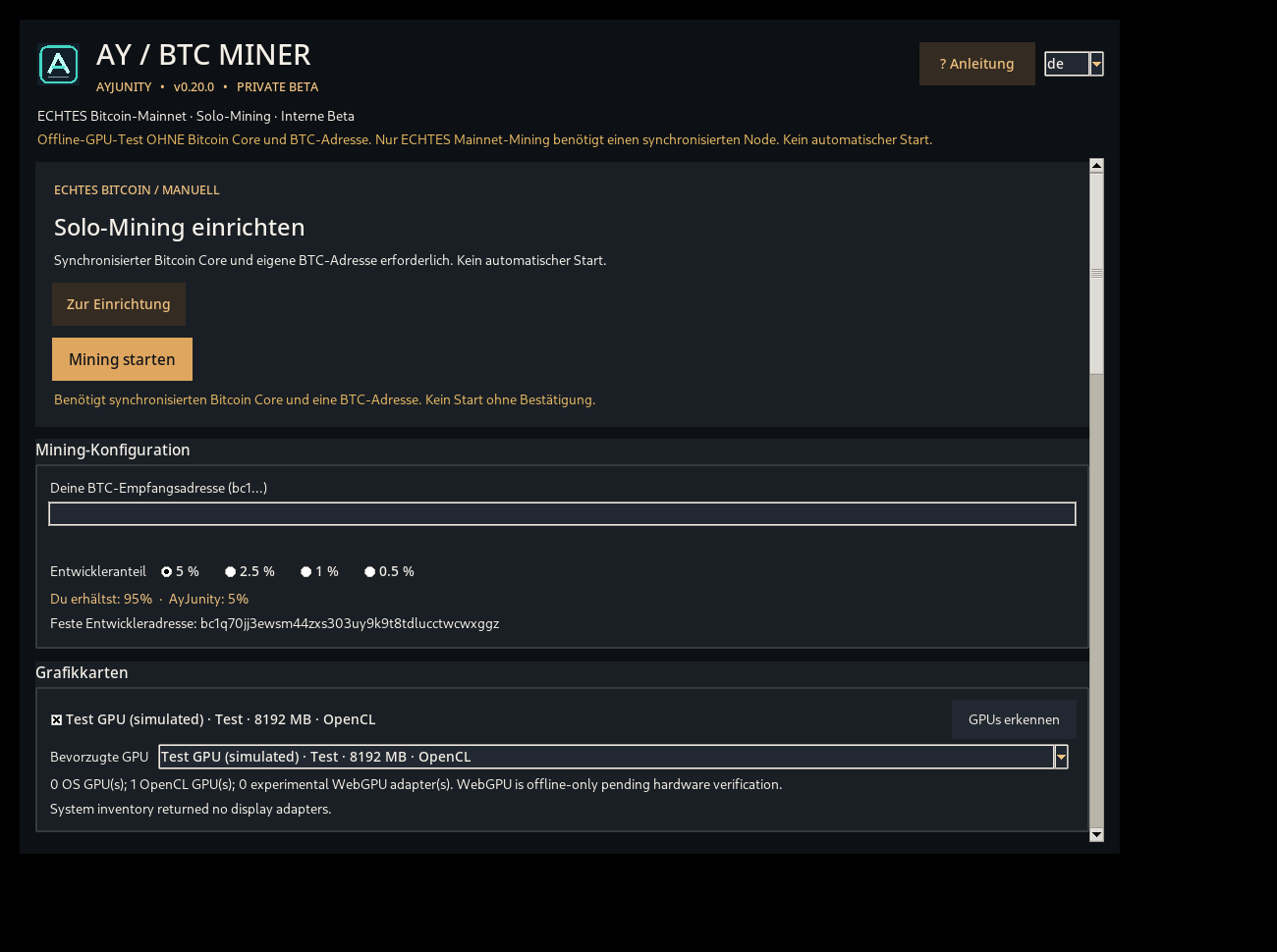 Ay BTC Miner v0.20 (simulated GPU preview)