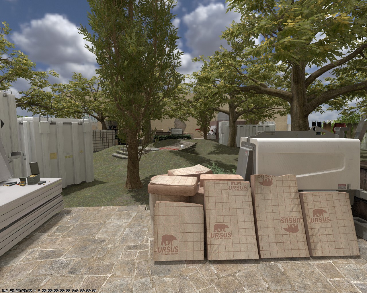 Player view of the open garden area with trees, containers and layered cover