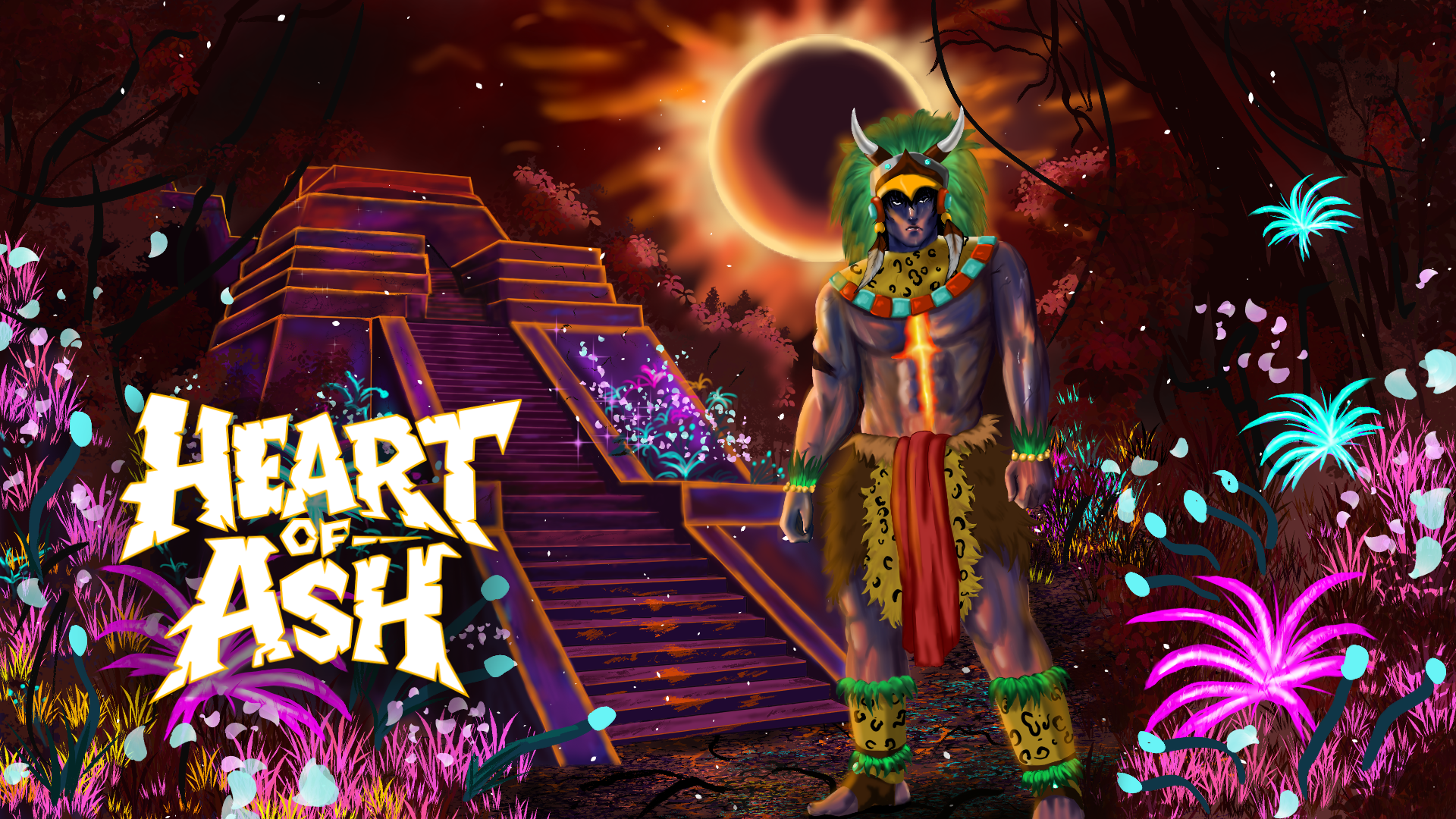 Heart of Ash title image showing Totō in front of a temple complex during a solar eclipse