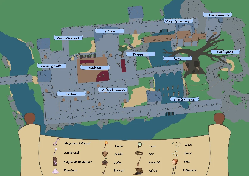 Castle map from Abenteuer auf Burg Haselnuss with connected rooms
